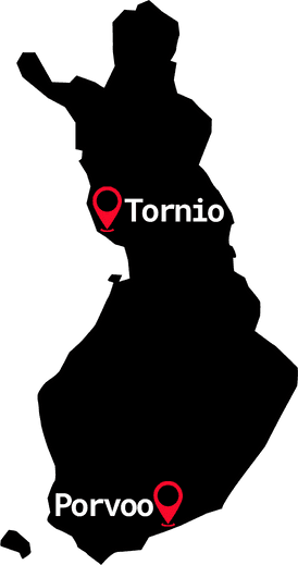 Kartta jossa, toimipisteet Porvoossa ja Torniossa
